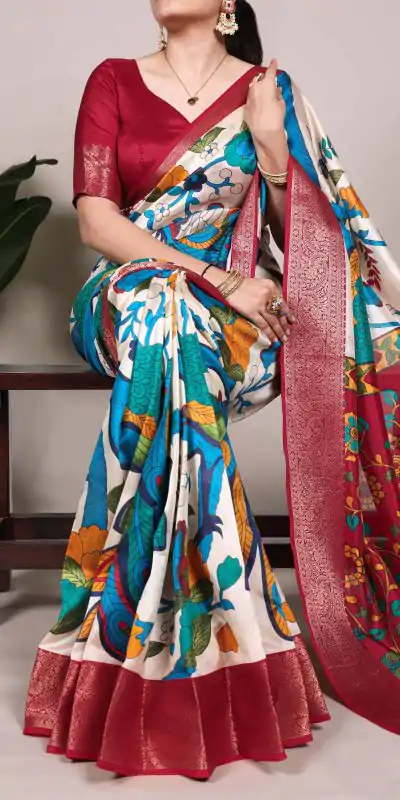Off White Tasar Silk Printed Saree