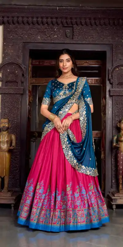 Pink Tasar Printed Foil Work Lehenga Choli