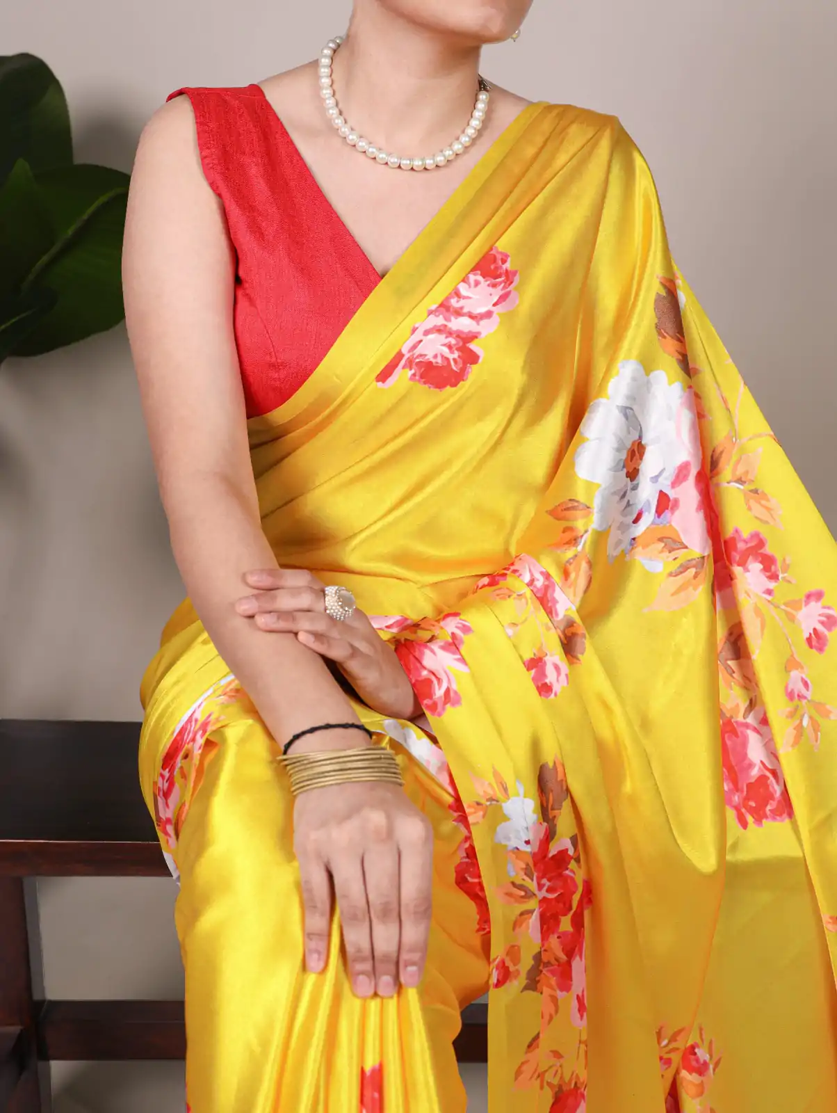 Yellow Satin Silk Printed Saree - Image 2
