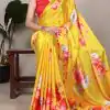 Yellow Satin Silk Printed Saree