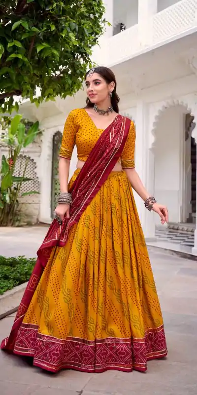 Yellow Tasar Silk Bandhej Print Lehenga Choli