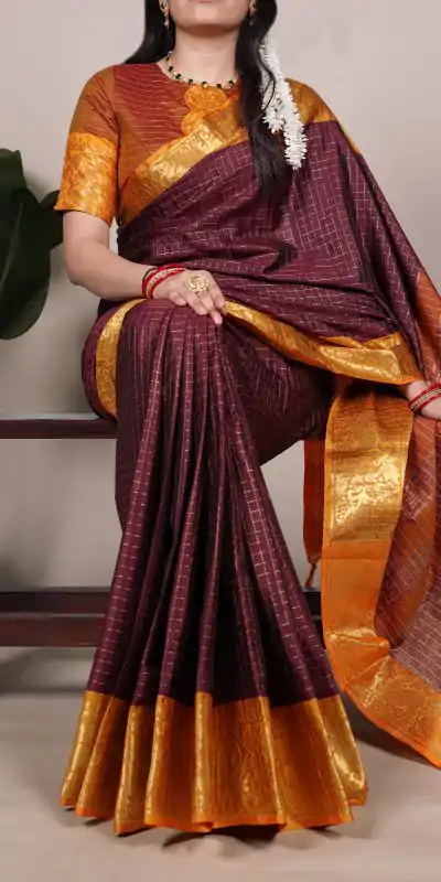 Brown Poly Cotton With Zari Work Saree