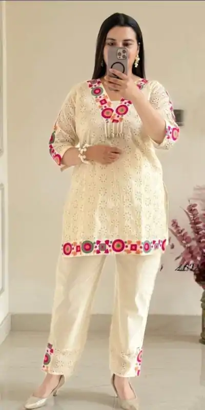 Off White Cotton Salwar Suit with Embroidery Wor