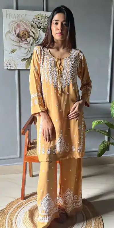 Peach Rayon With Embroidery Work Salwar Suit