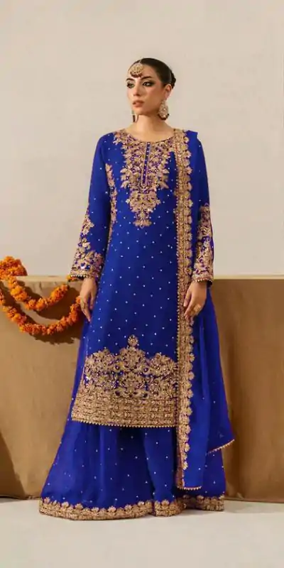 Royal Blue Faux Georgette Lace Work Salwar Suit