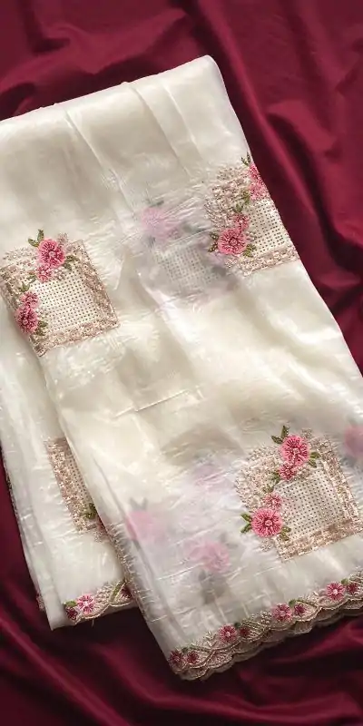 White Paper Silk Crush With Embroider Saree