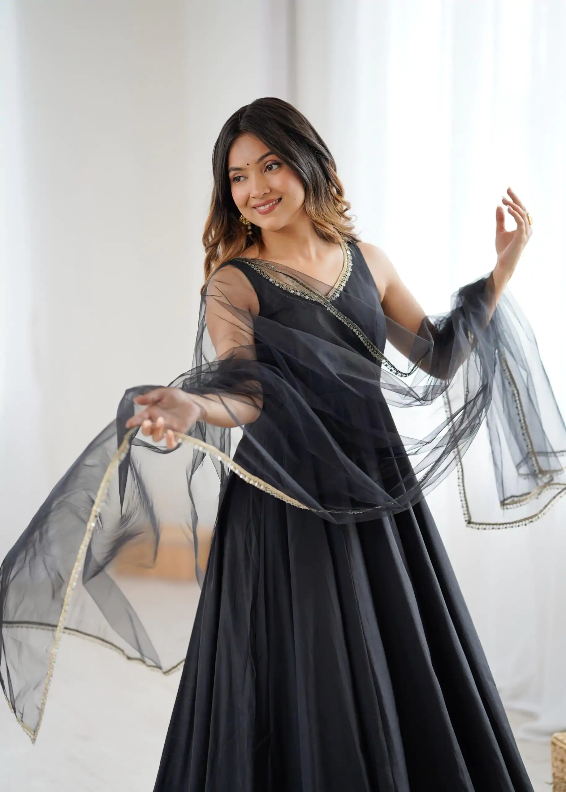 Black Roman Silk Chanderi Mirror Work Gown - Image 9