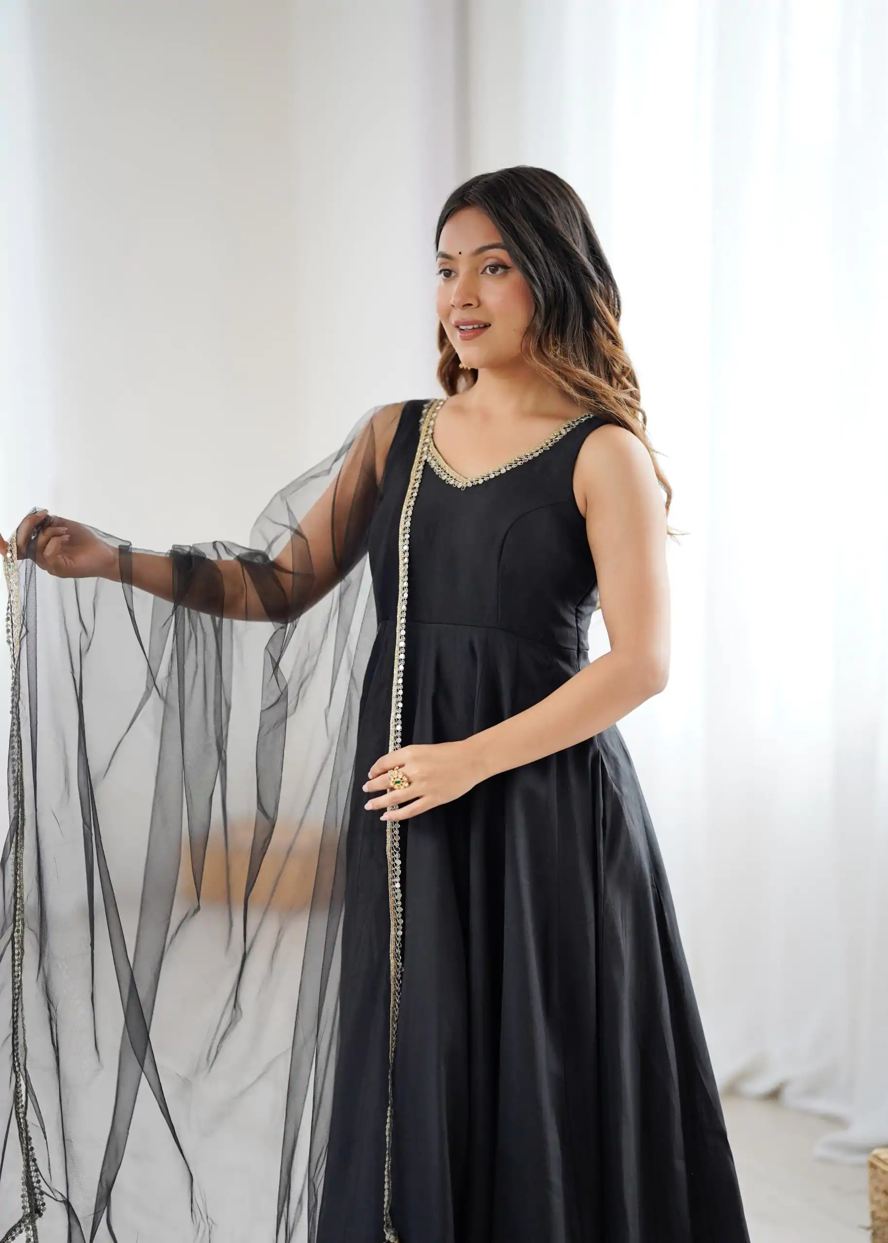 Black Roman Silk Chanderi Mirror Work Gown - Image 7