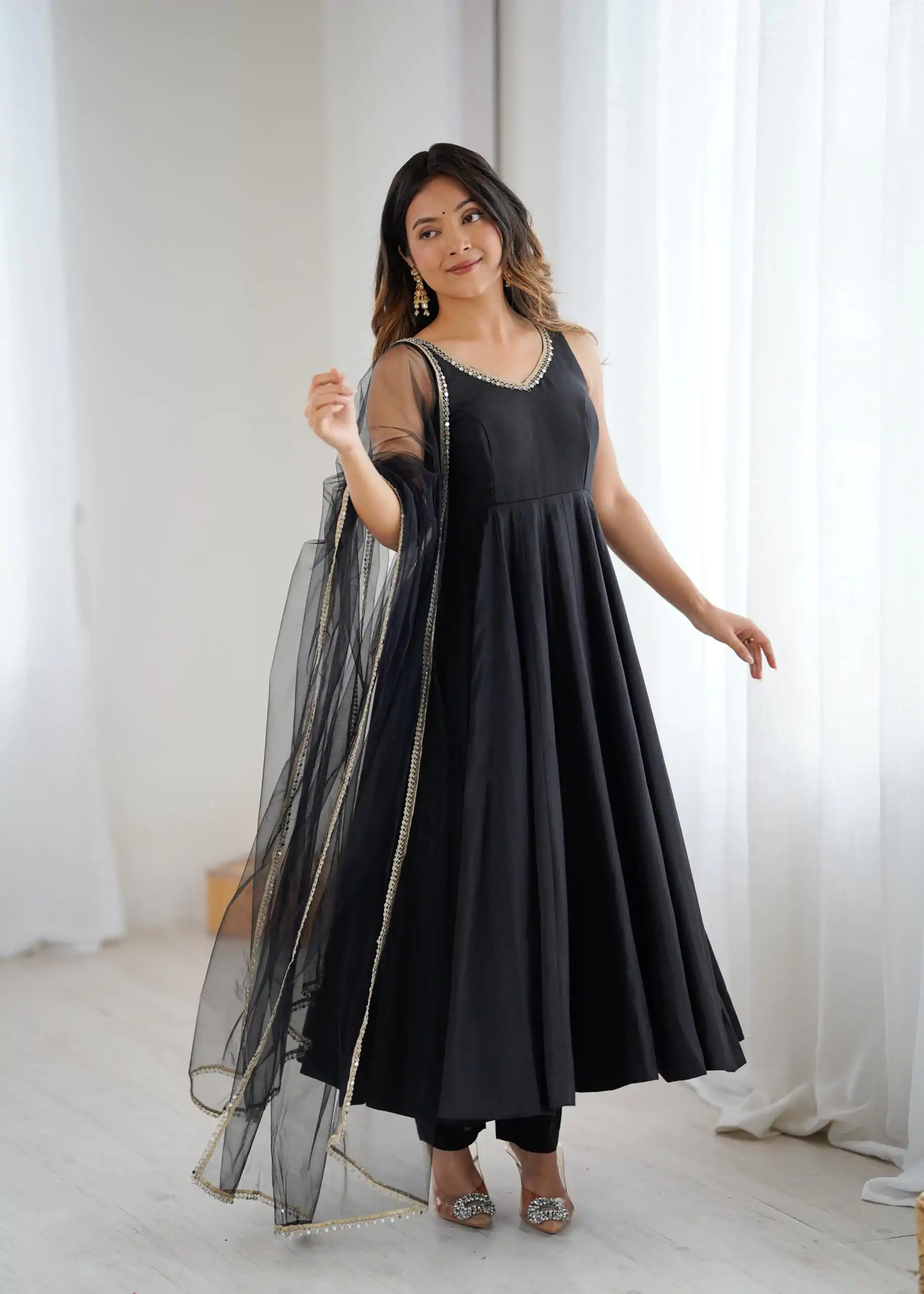 Black Roman Silk Chanderi Mirror Work Gown - Image 3