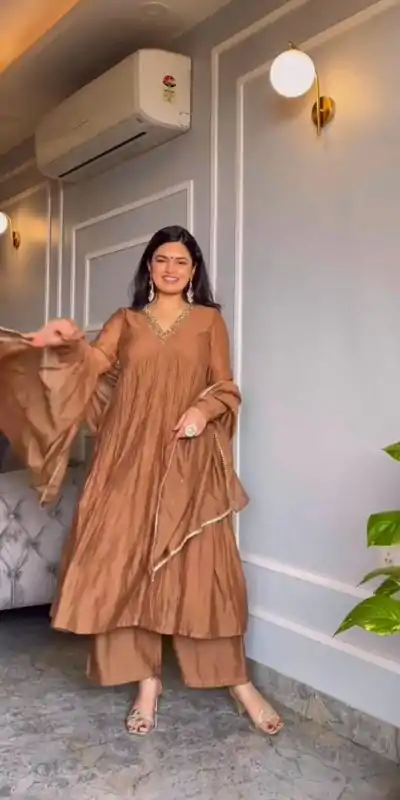 AD 152 Brown Color Pure Chinon Silk Embroidery Gown Fancy Full Sleeve Wedding, Party, Festive, Events Etc. Expected Delivery  4-6 Working Days @1799/ | Jump Suits, Salwar suit, Designer Suits, Casual Suits, Creative suits, Palazzo Suits, Party Wear Suits, Patiala Suits, Straight Suits