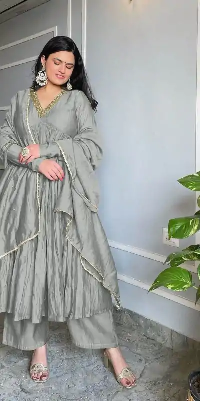 AD 152 Grey Color Pure Chinon Silk Embroidery Gown Fancy Full Sleeve Wedding, Party, Festive, Events Etc. Expected Delivery  4-6 Working Days @1799/ | Jump Suits, Salwar suit, Designer Suits, Casual Suits, Creative suits, Palazzo Suits, Party Wear Suits, Patiala Suits, Straight Suits