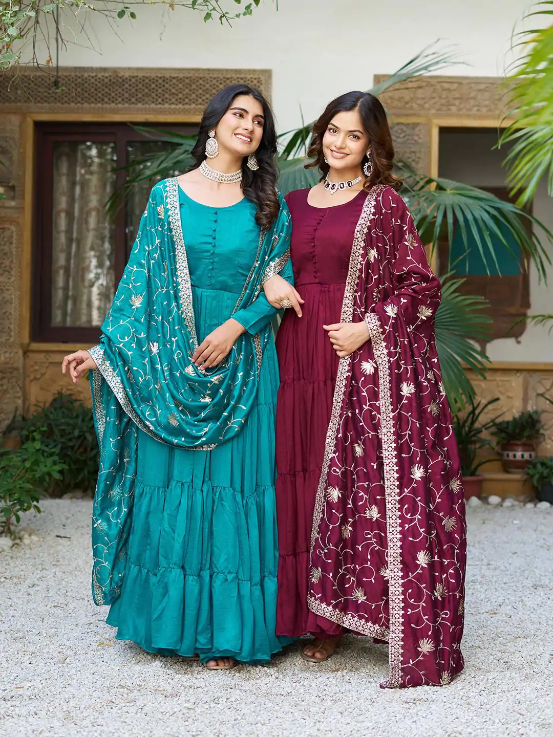 Maroon Vichitra Silk Embroidery Work Gown - Image 4