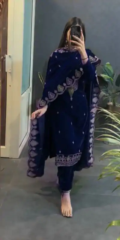 Navy Blue Viscose Velvet Embroidery Work Salwar Suit
