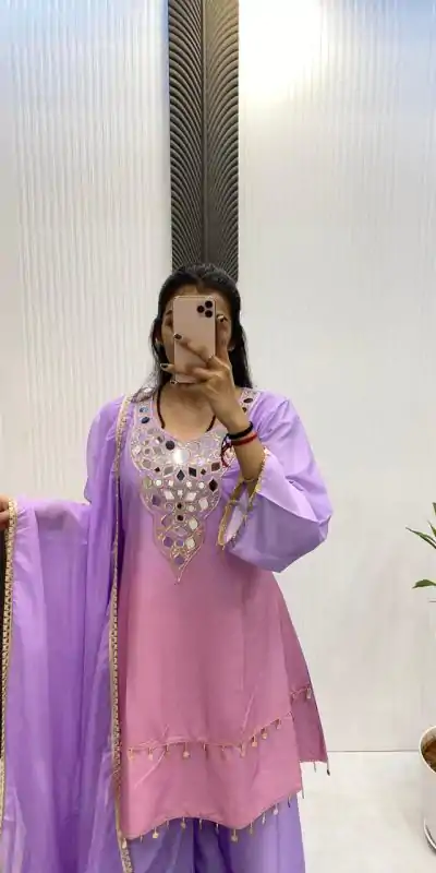Purple Printed Crape Silk Mirror Work Salwar Suit