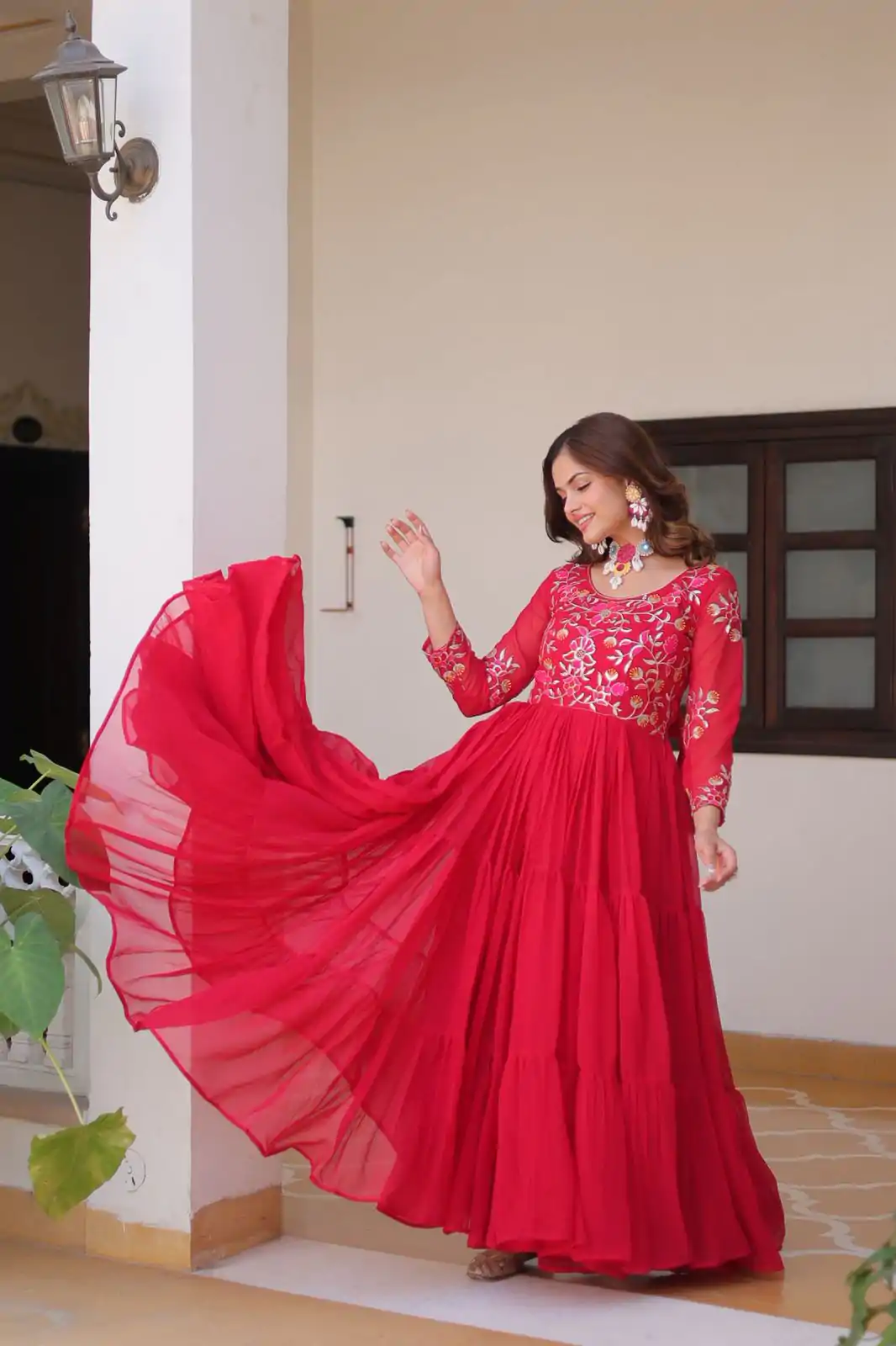 Red Fox Georgette With Embroidery Work Gown - Image 3