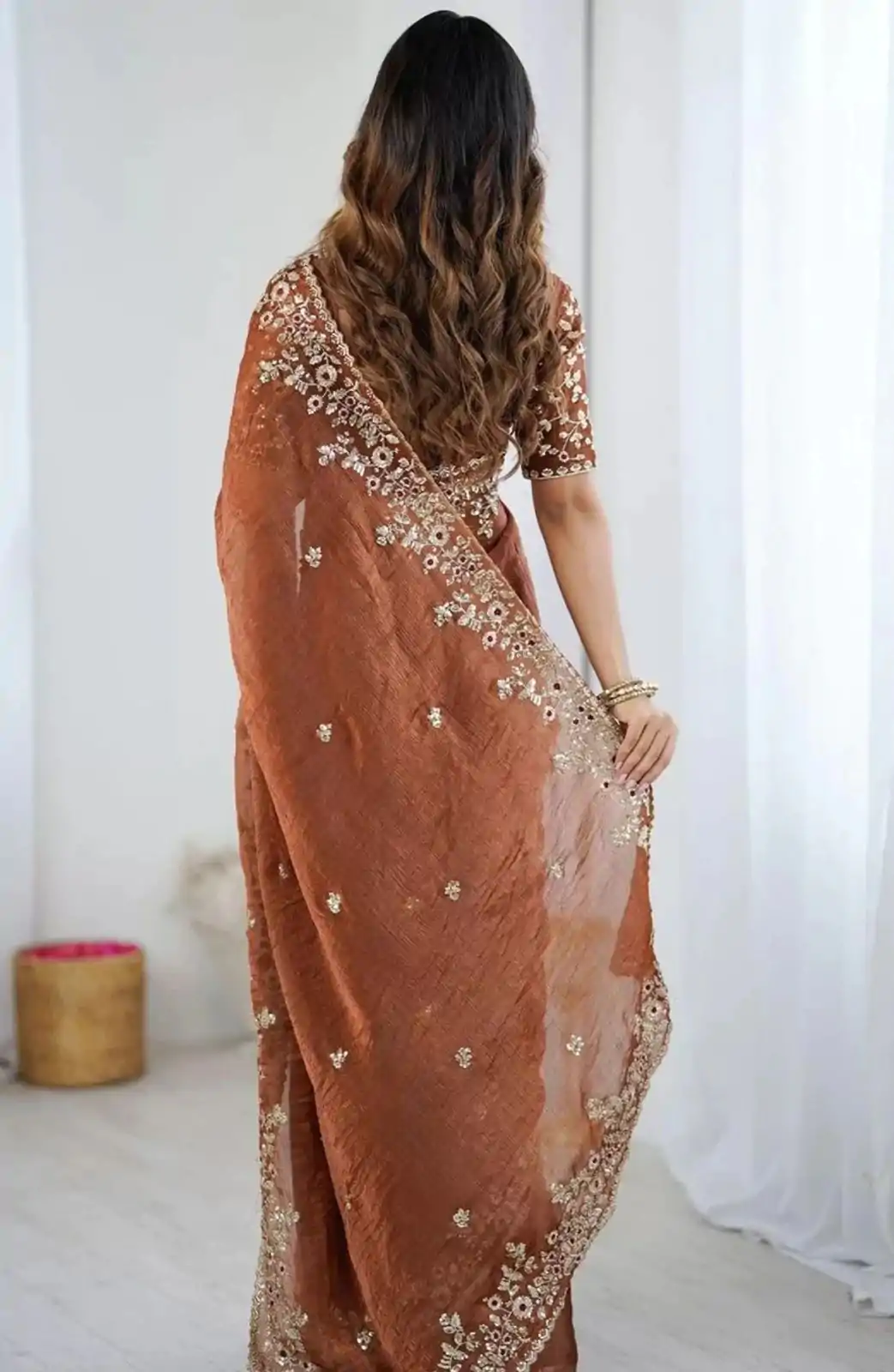 Rust Fandy Chiffon Embroidery Work Saree - Image 3