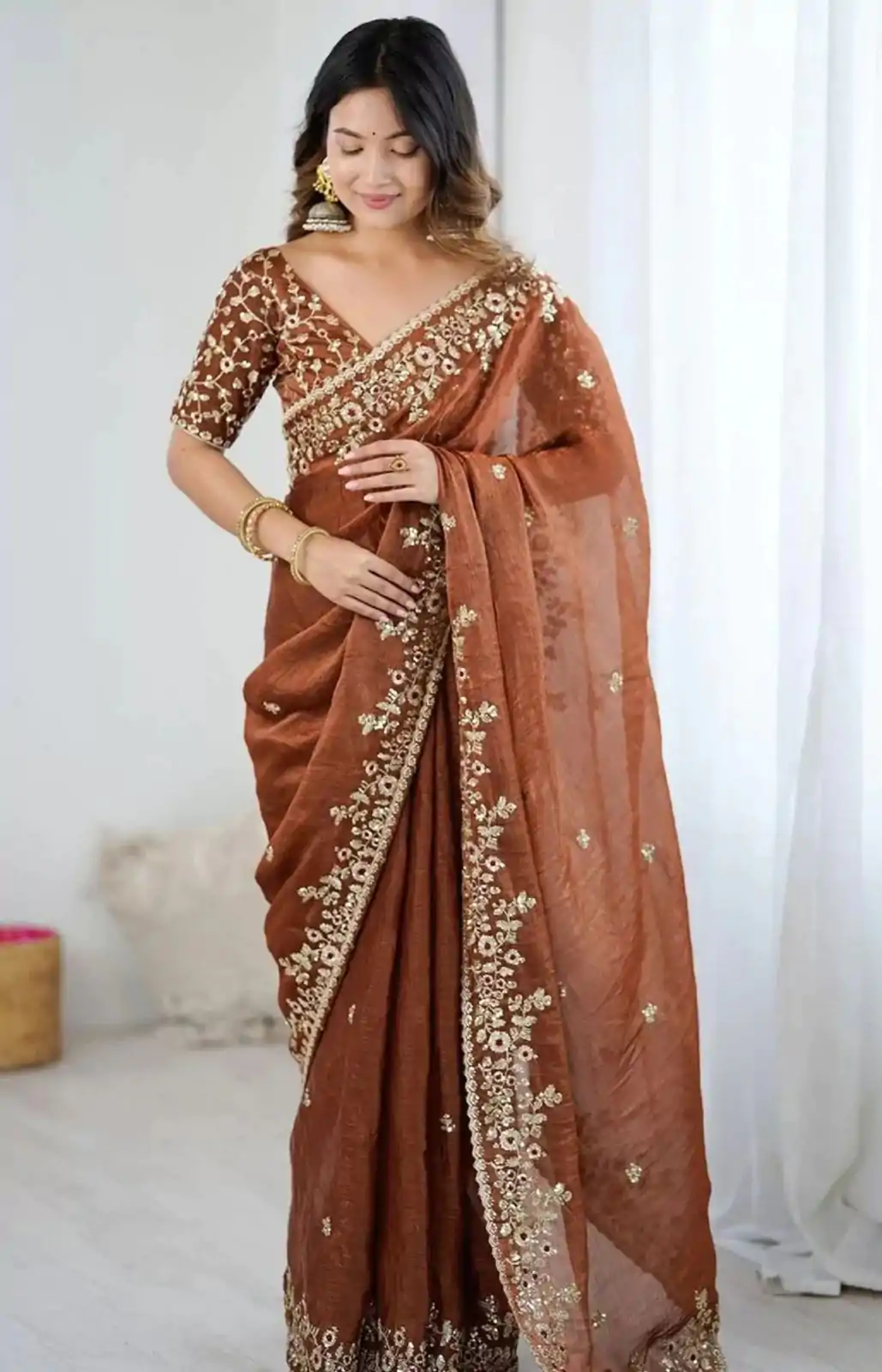 Rust Fandy Chiffon Embroidery Work Saree - Image 2