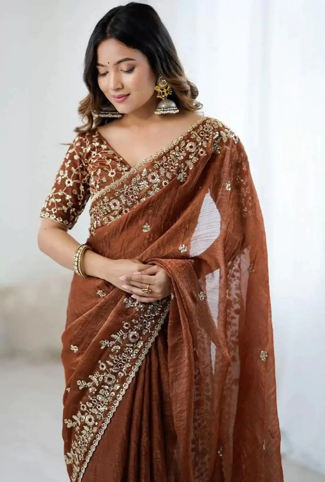 Rust Fandy Chiffon Embroidery Work Saree