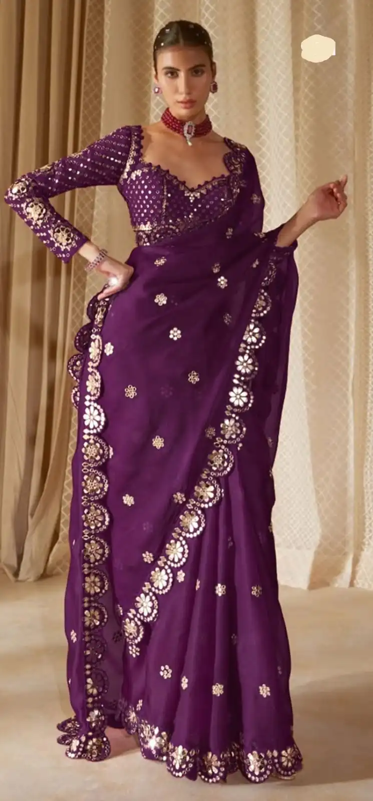 Wine Georgette Mirror Sequence Work Saree