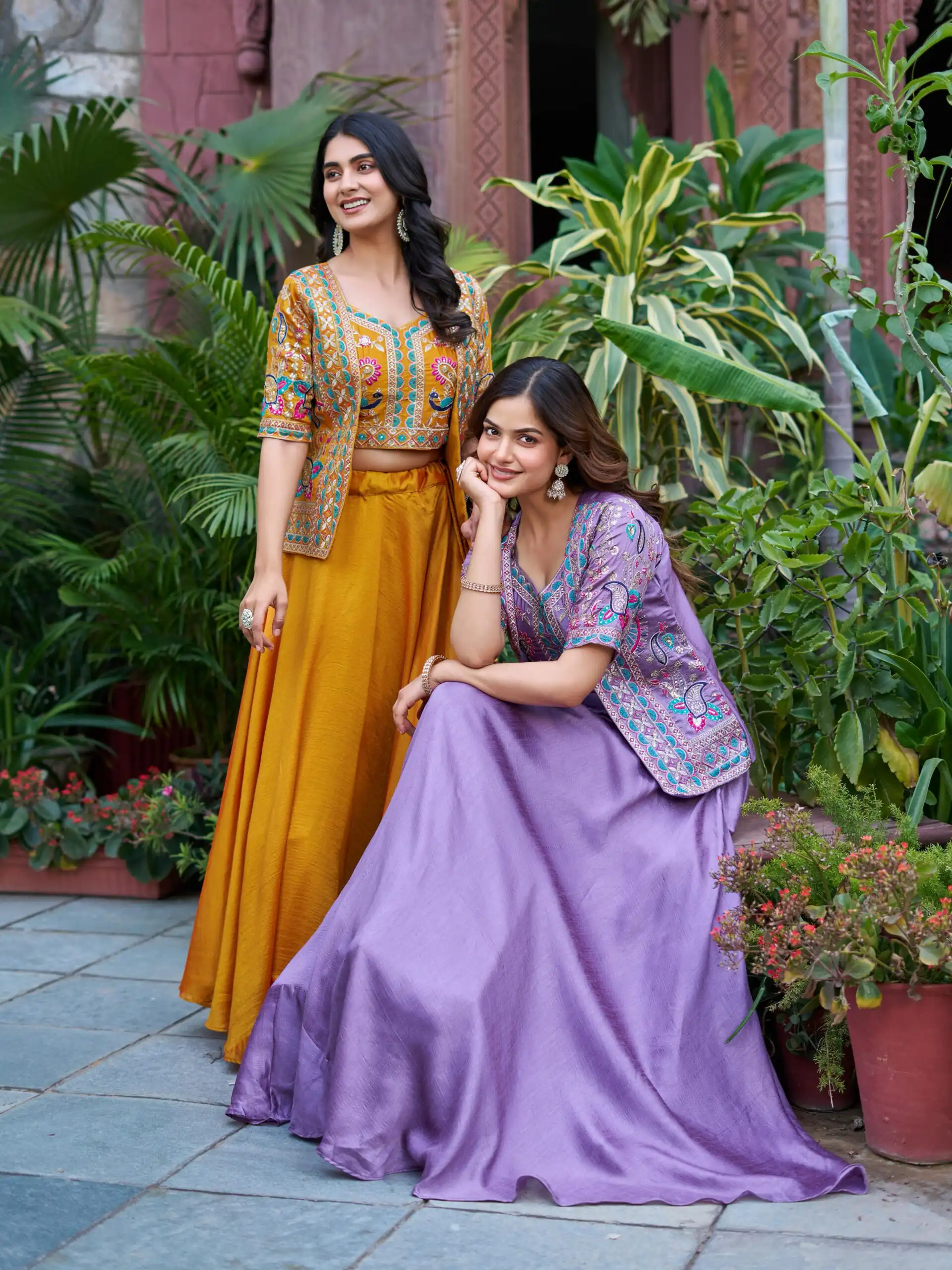 Mustered Vichitra Embroidery Thread Work Lehenga Choli - Image 4