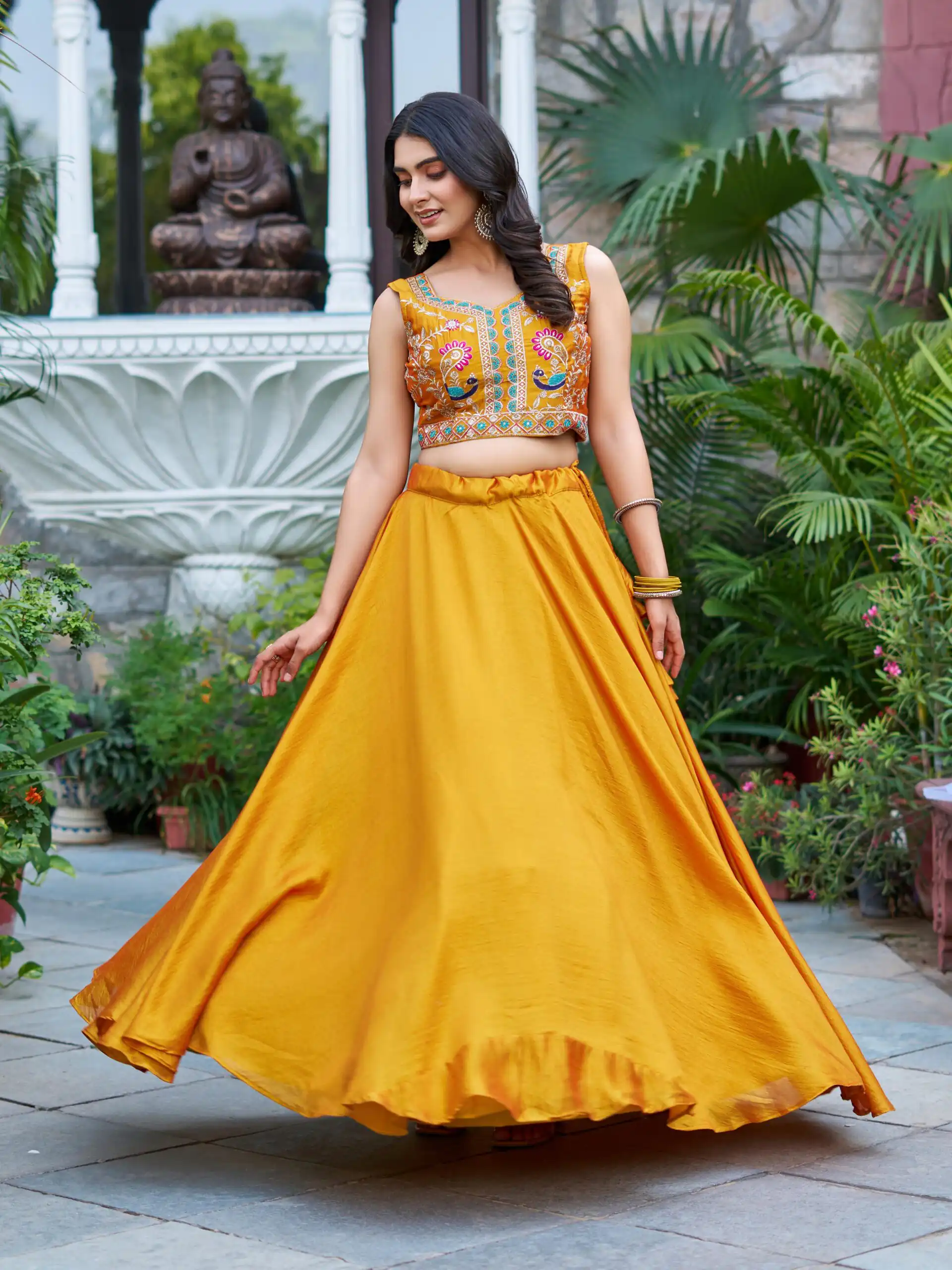 Mustered Vichitra Embroidery Thread Work Lehenga Choli - Image 2