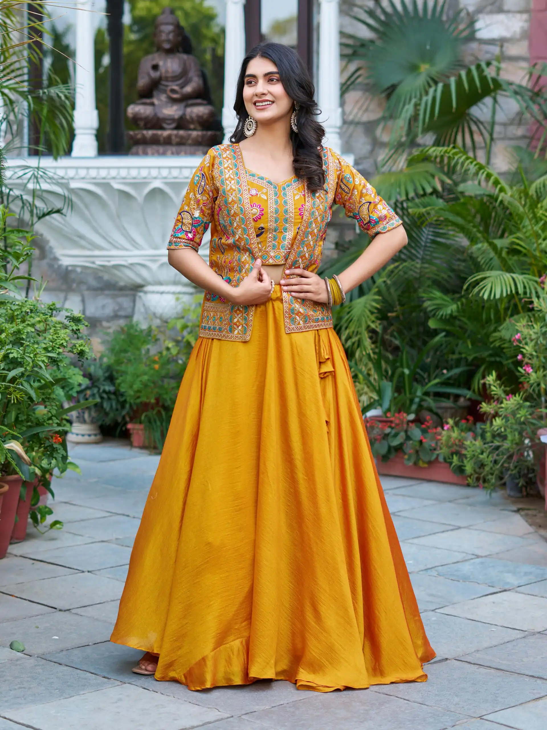 Mustered Vichitra Embroidery Thread Work Lehenga Choli - Image 3
