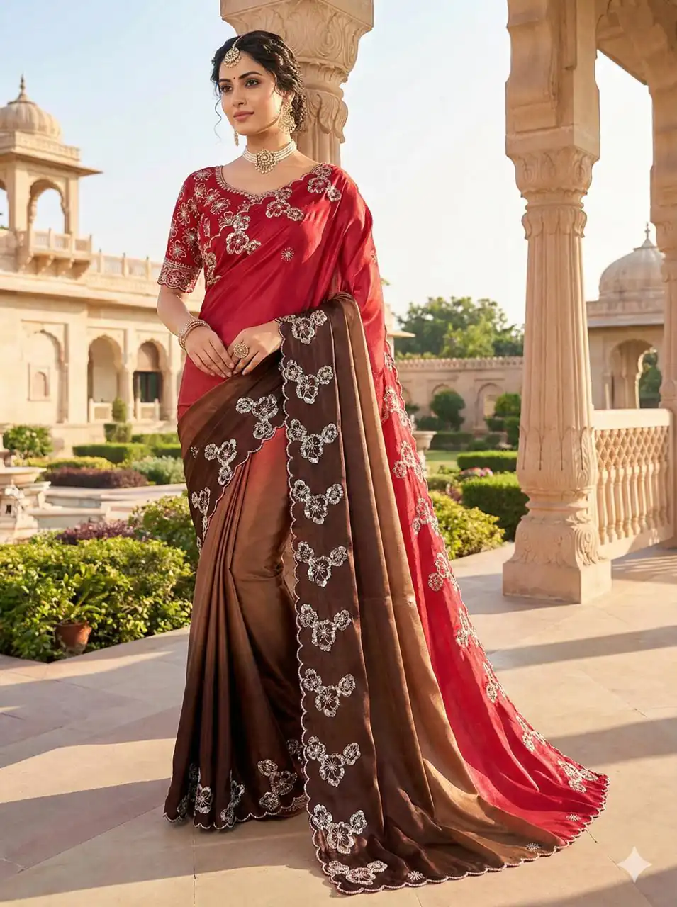 Red Chinon Embroidery Work Saree
