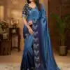 Blue Chinon Embroidery Work Saree