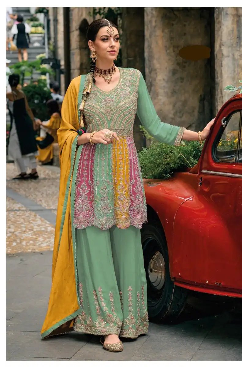 Sea Green Chinon Embroidery Lace Work Salwar Suit