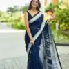 Blue Soft Lilan Slab Lace Border Saree