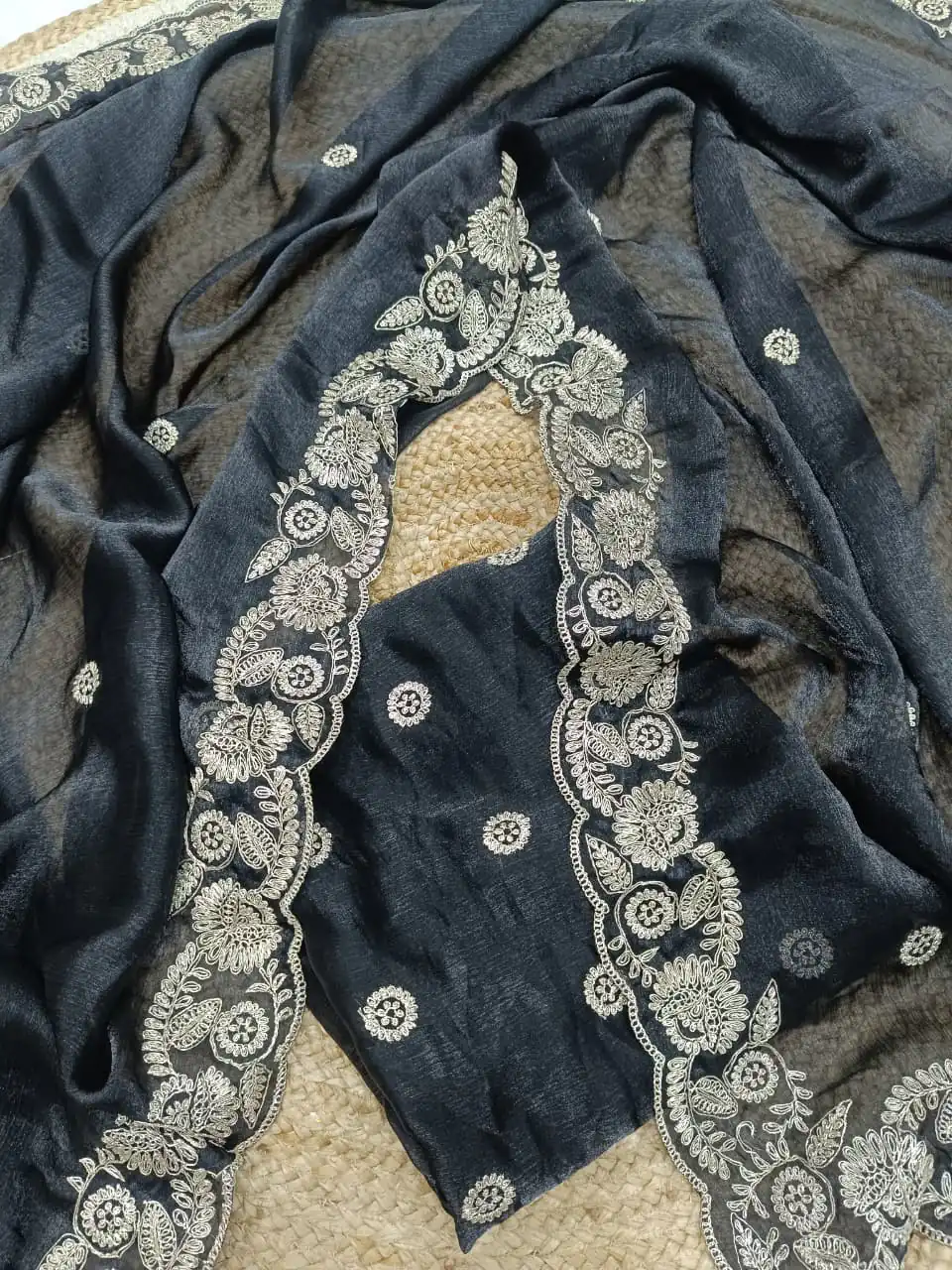 Black Space Silk Embroidery Work Saree