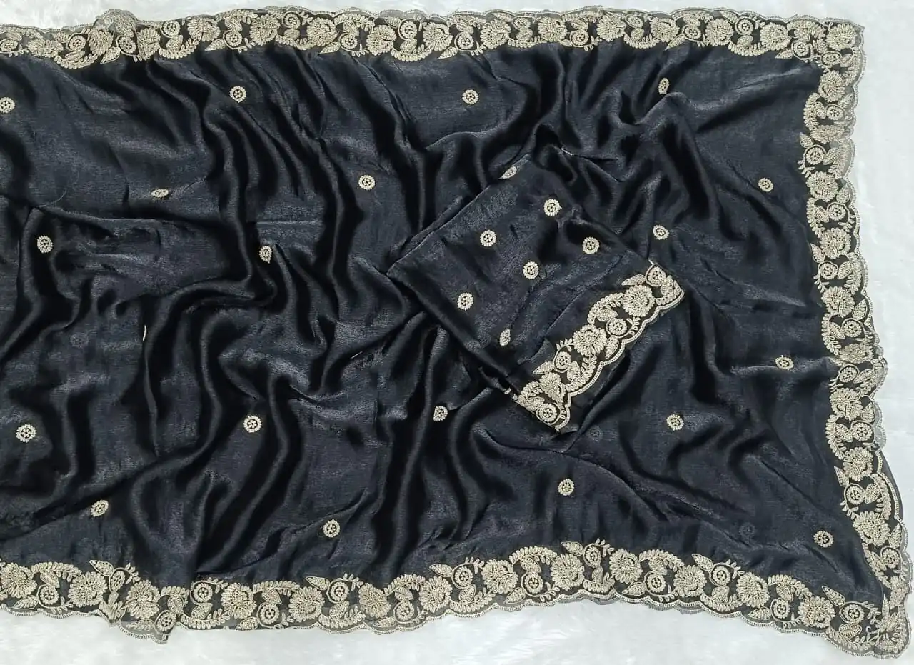 Black Space Silk Embroidery Work Saree - Image 2