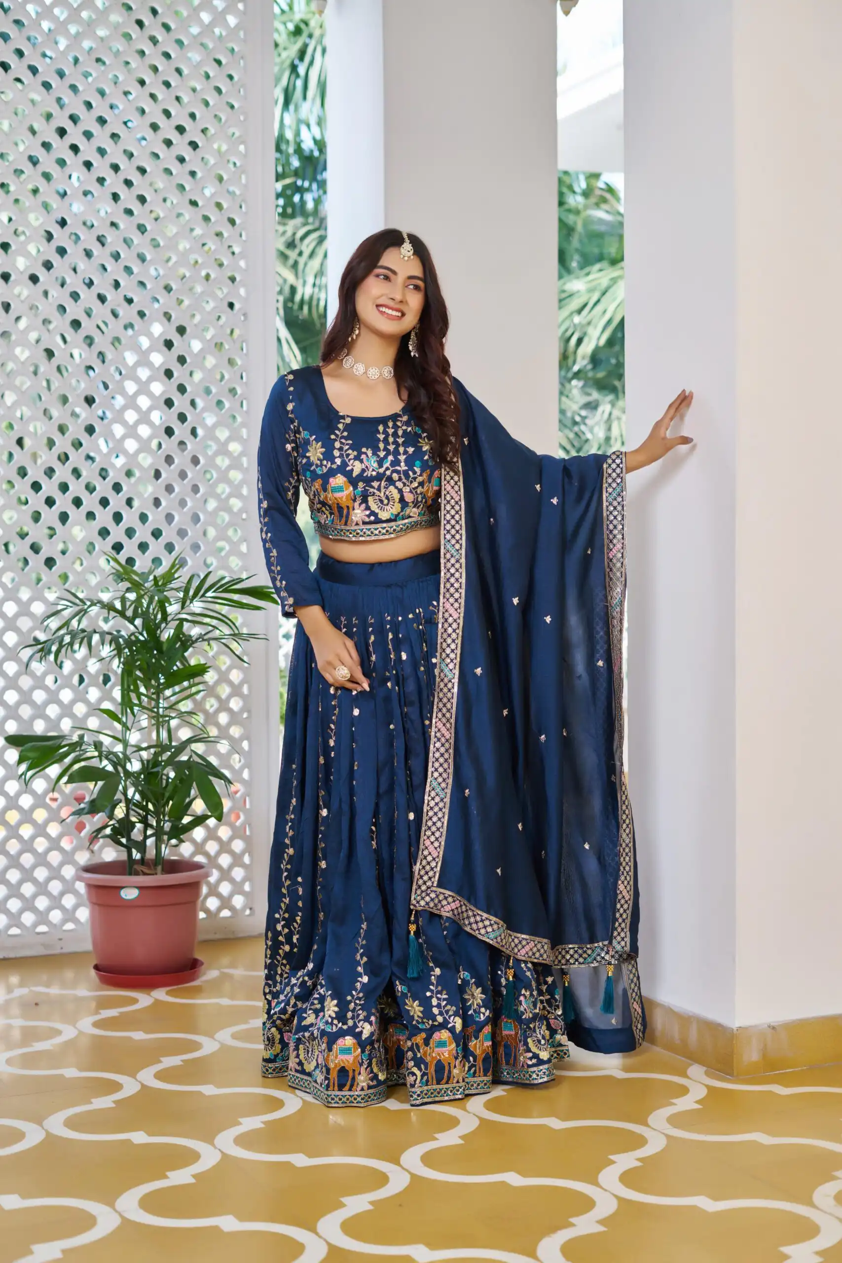 Navy Blue Vichitra Embroidery Work Lehenga Choli - Image 2