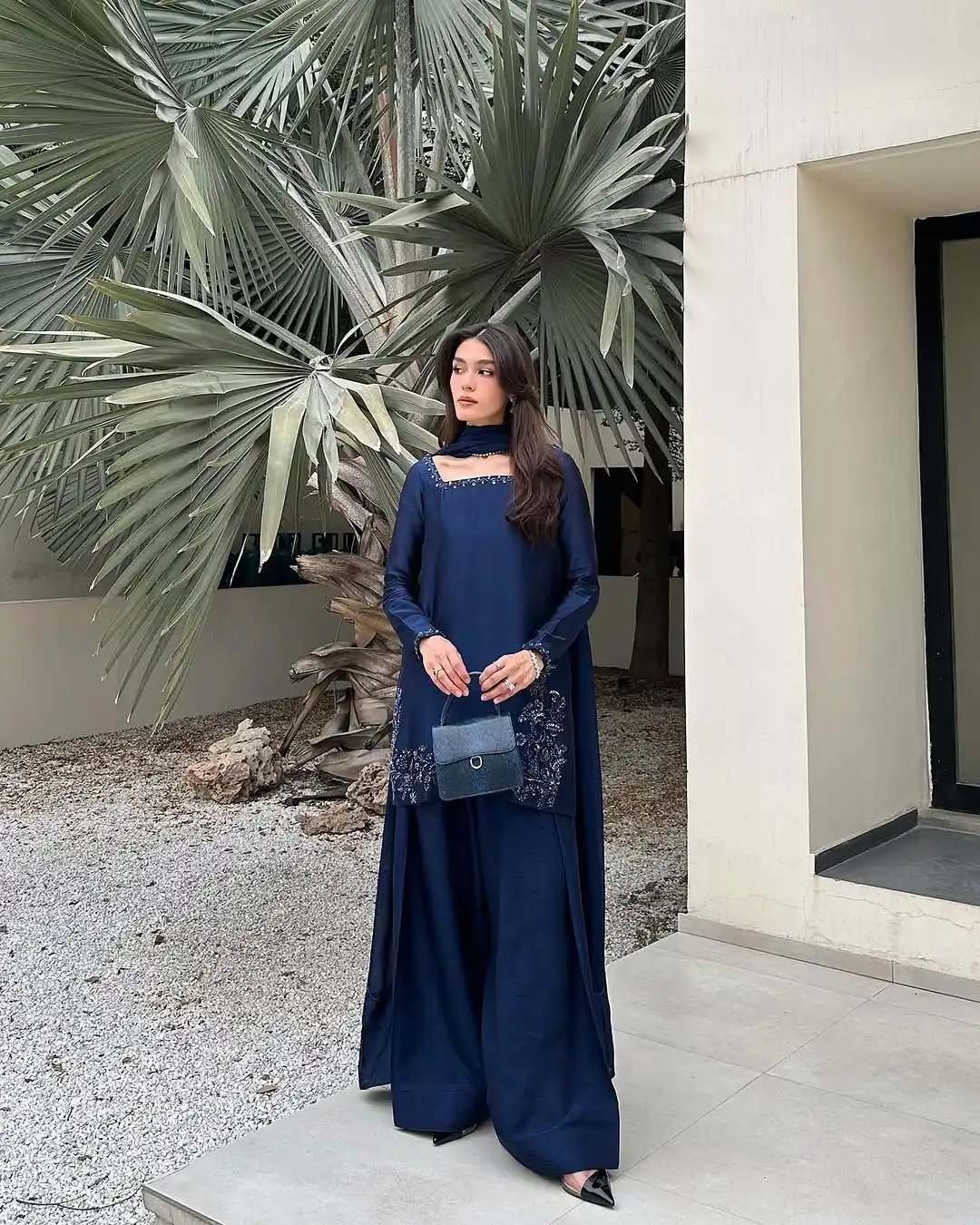 Navy Blue Natural Crep Silk Sequence Work Salwar Suit - Image 9