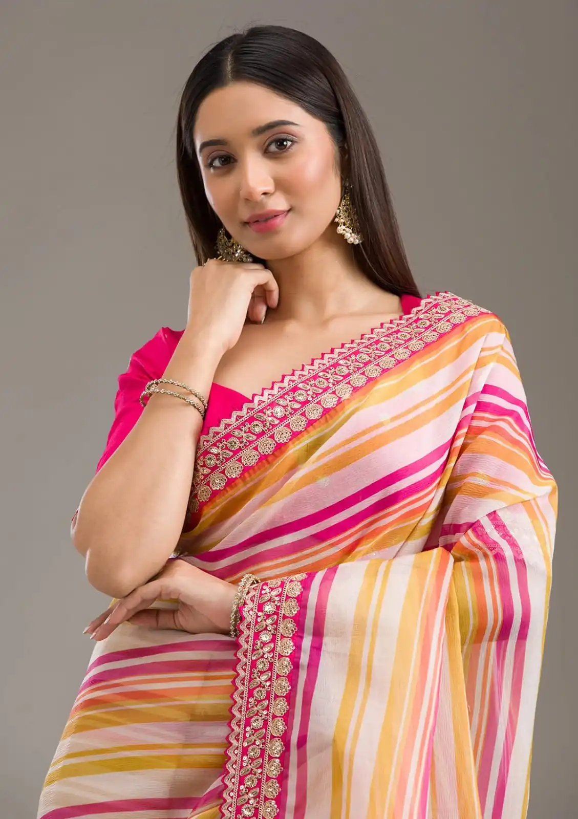 Pink Chinon Silk Embroidery Cut Work Saree - Image 3