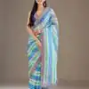 Royal Blue Chinon Silk Embroidery Cut Work Saree