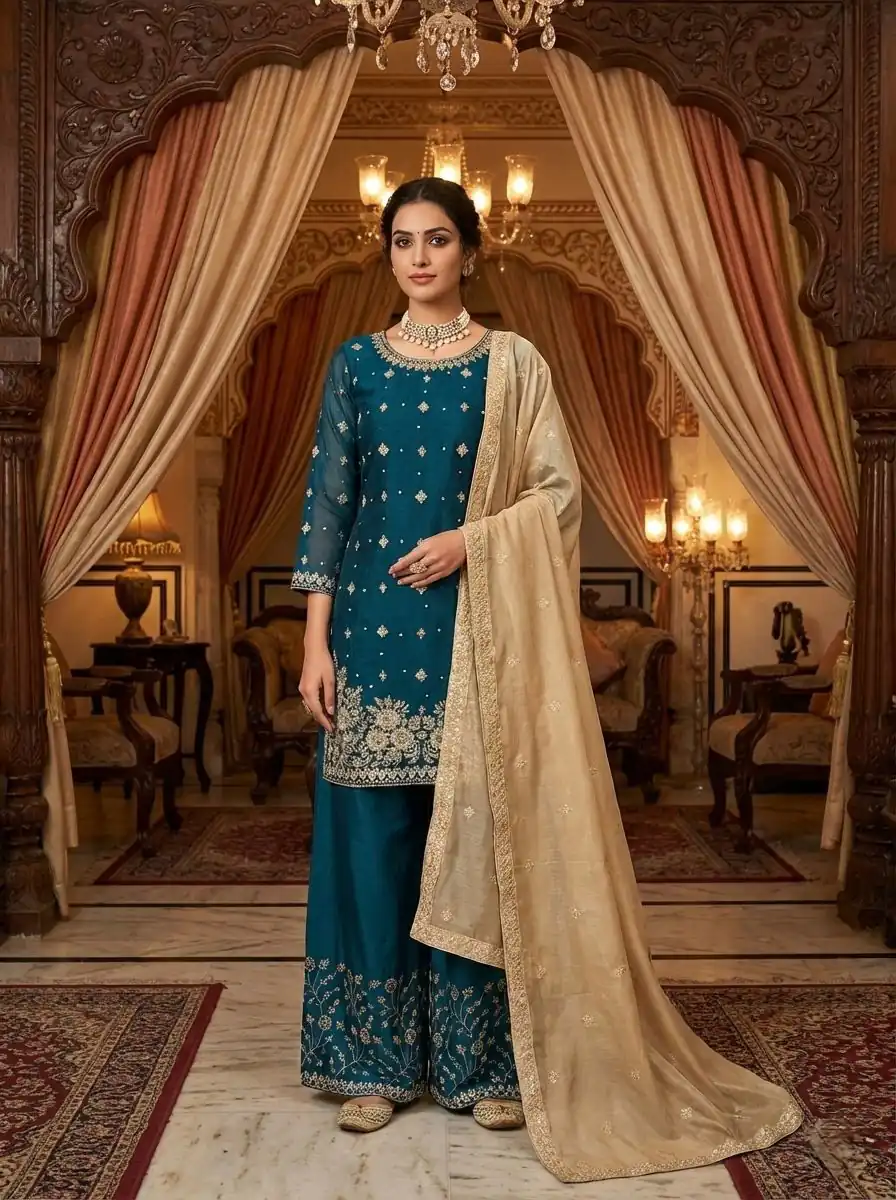 Peacock Blue Organza Silk Thread Work Salwar Suit