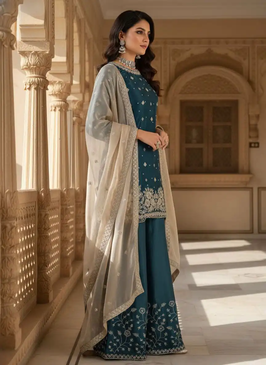 Peacock Blue Organza Silk Thread Work Salwar Suit - Image 2