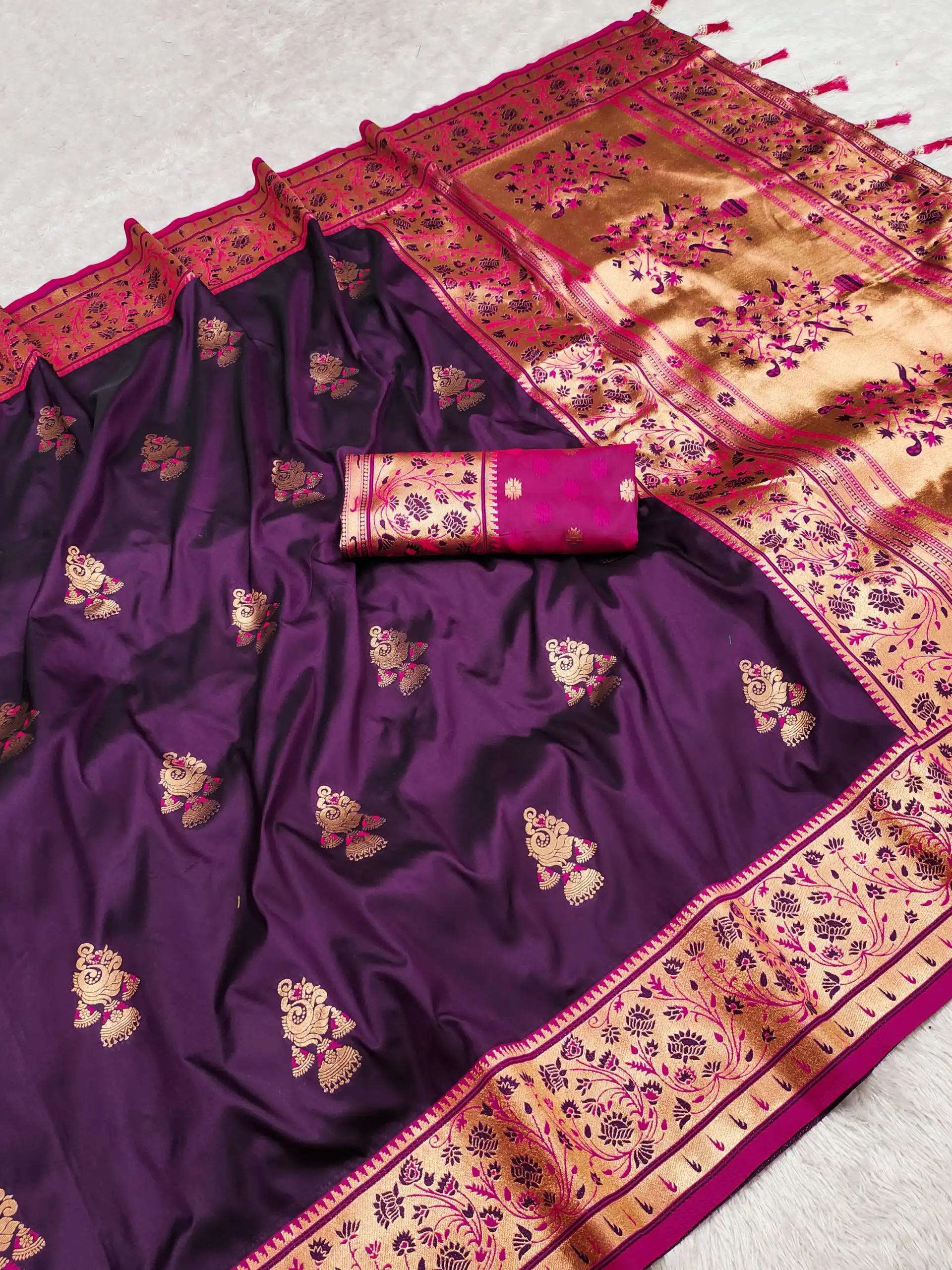 Wine Pethani Silk Zari Lace Weaving Work Saree