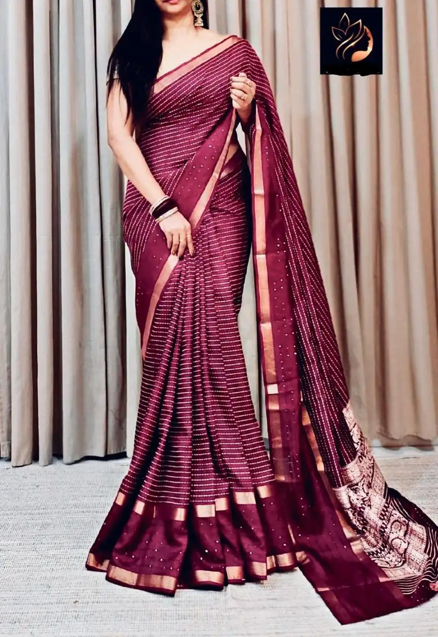 Wine Dola Silk Lace Border Sequins Work Saree