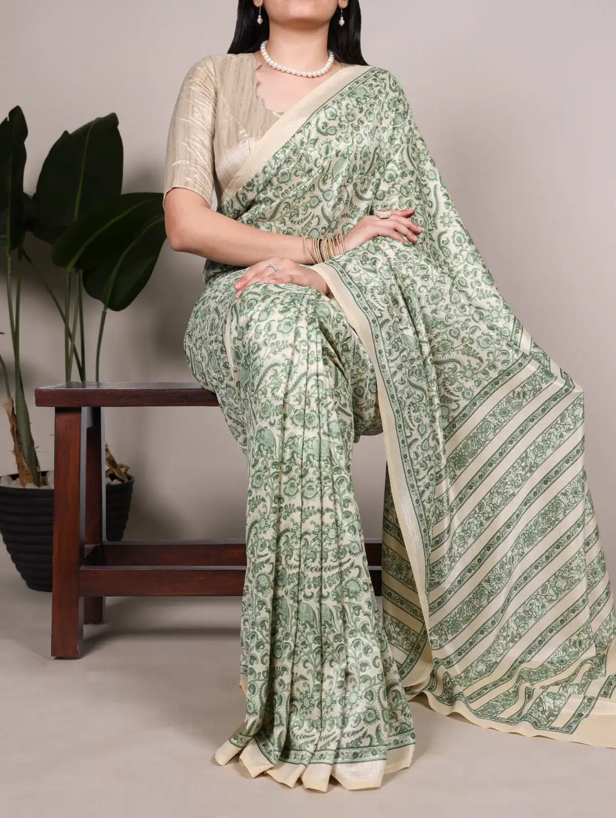 Green Taser Silk With Printed Work Saree