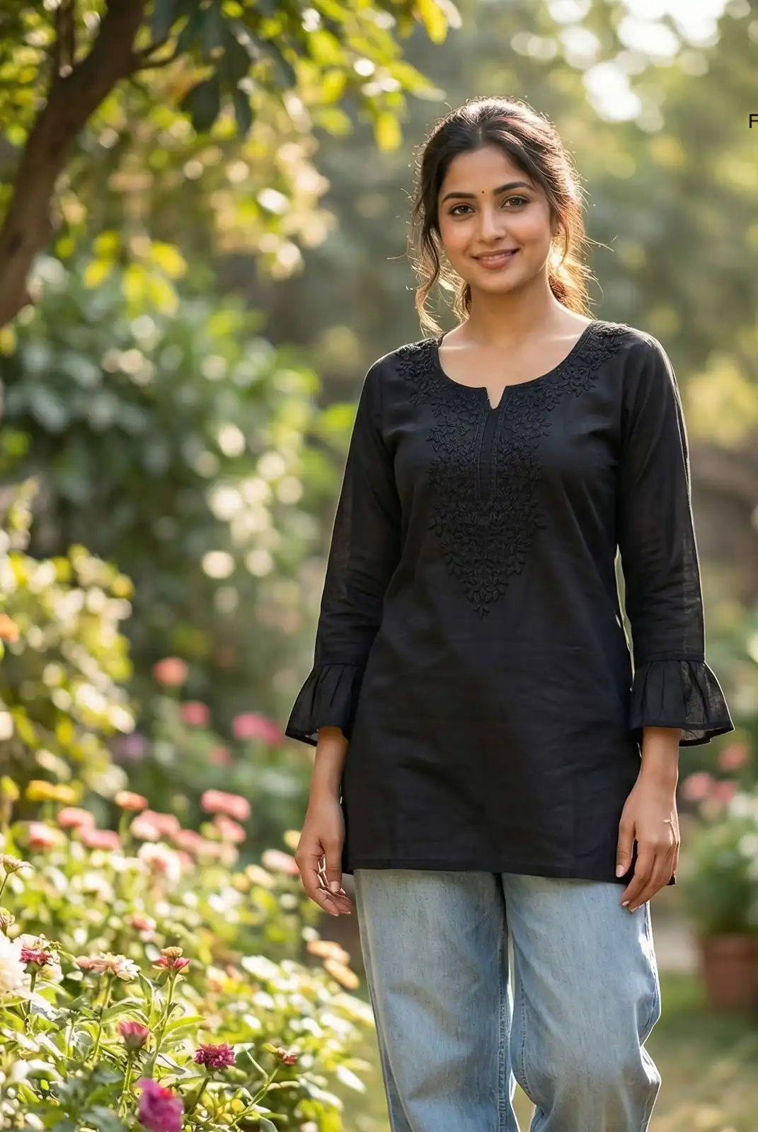 Black Rayon Chikan Work Kurti