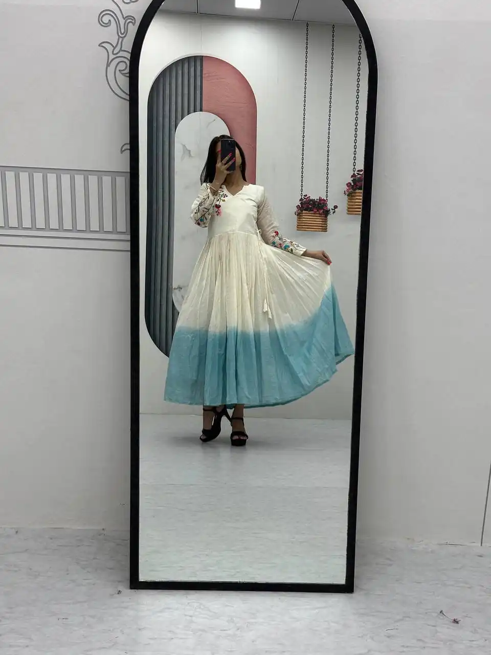 Sky Blue Soft Cotton Embroidery Work Gown