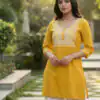 Yellow Rayon Thread Work Kurti