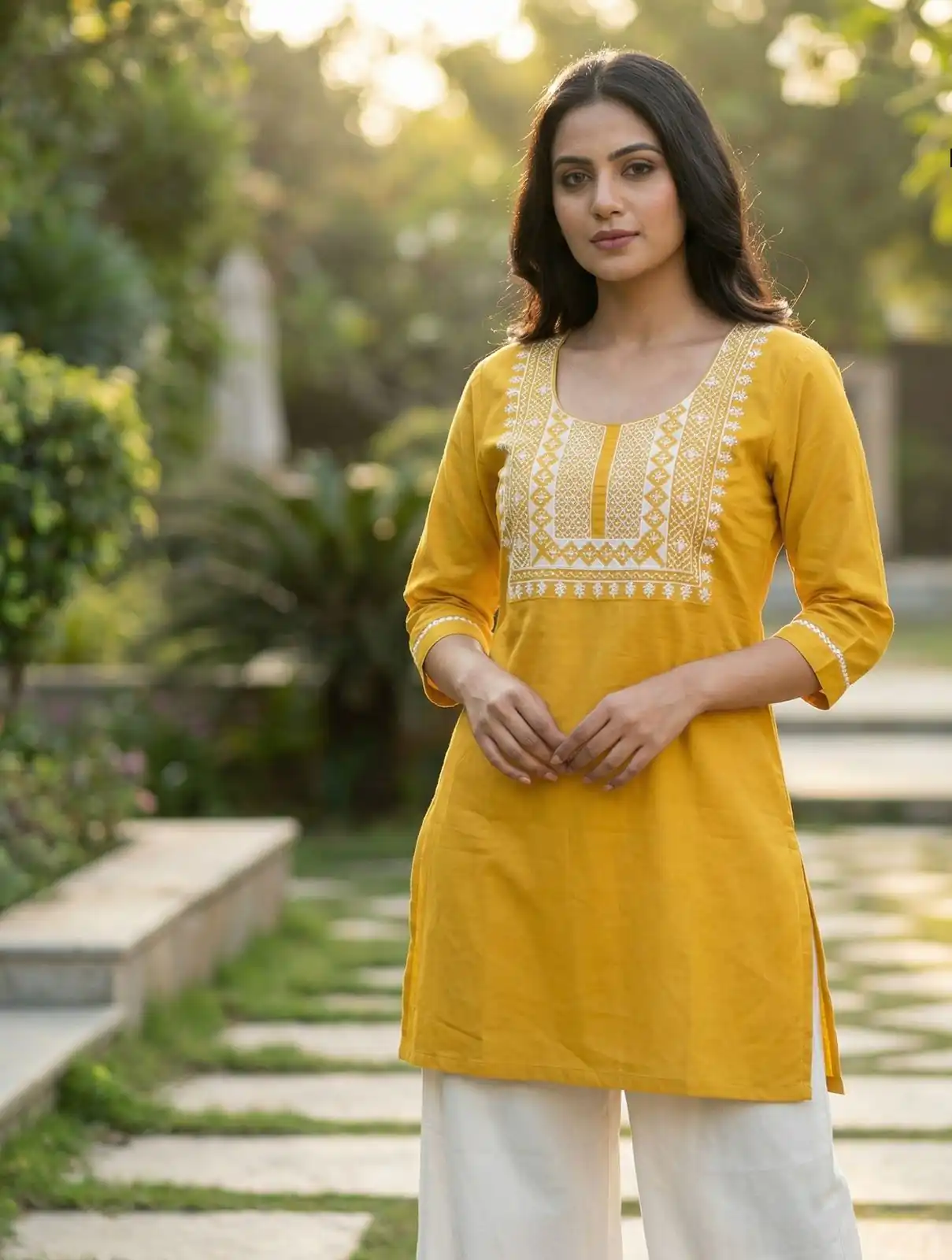 Yellow Rayon Thread Work Kurti
