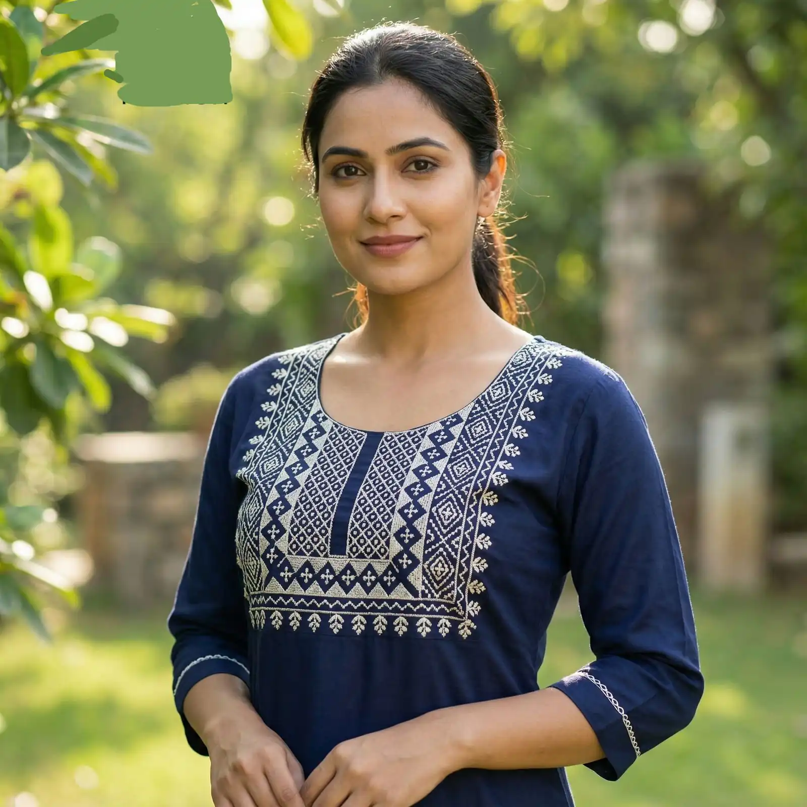 Navy Blue Rayon Thread Work Kurti - Image 2