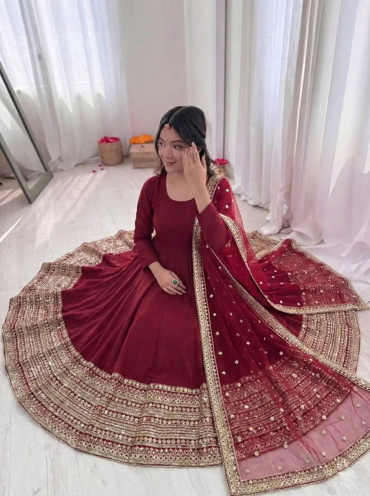 Maroon Roman Silk Embroidery Lace Work Gown - Image 4