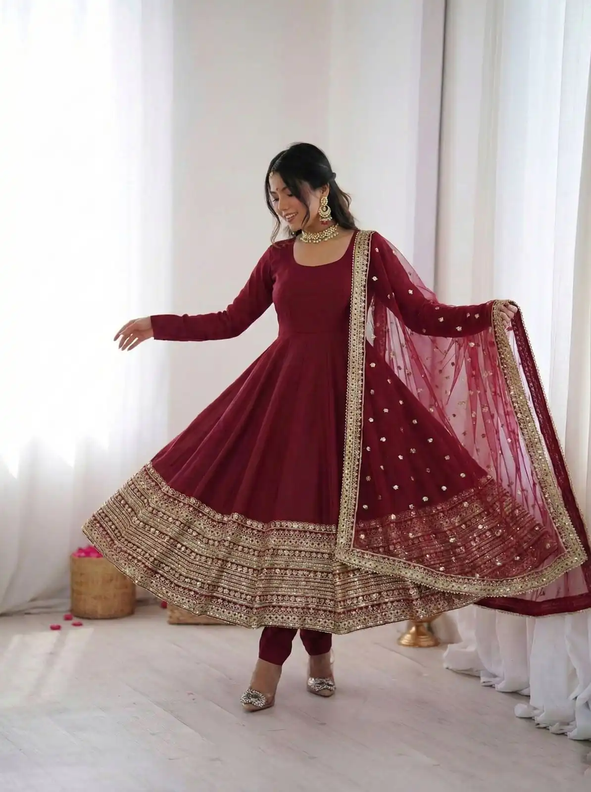 Maroon Roman Silk Embroidery Lace Work Gown - Image 5