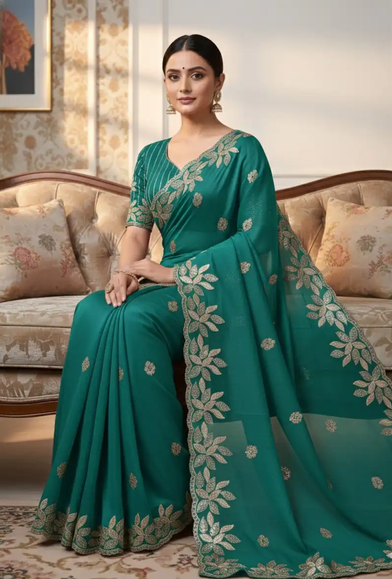 Teal Soft Organza Silk With Sequins Work Saree - Image 2
