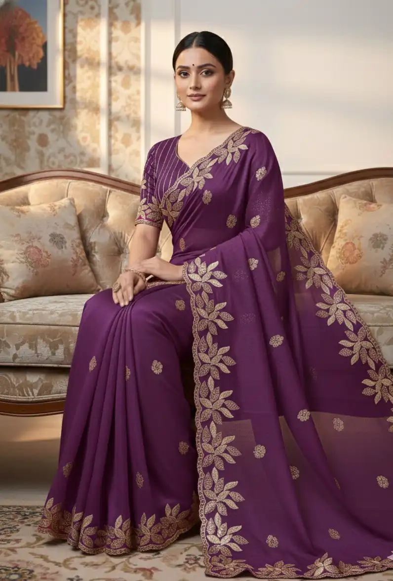 Wine Soft Organza Silk With Sequins Work Saree - Image 2